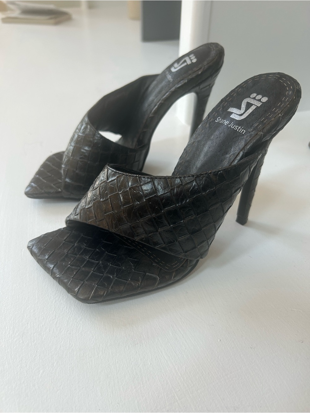 Shane Justin Black Woven Leather Slide Heels -Never worn